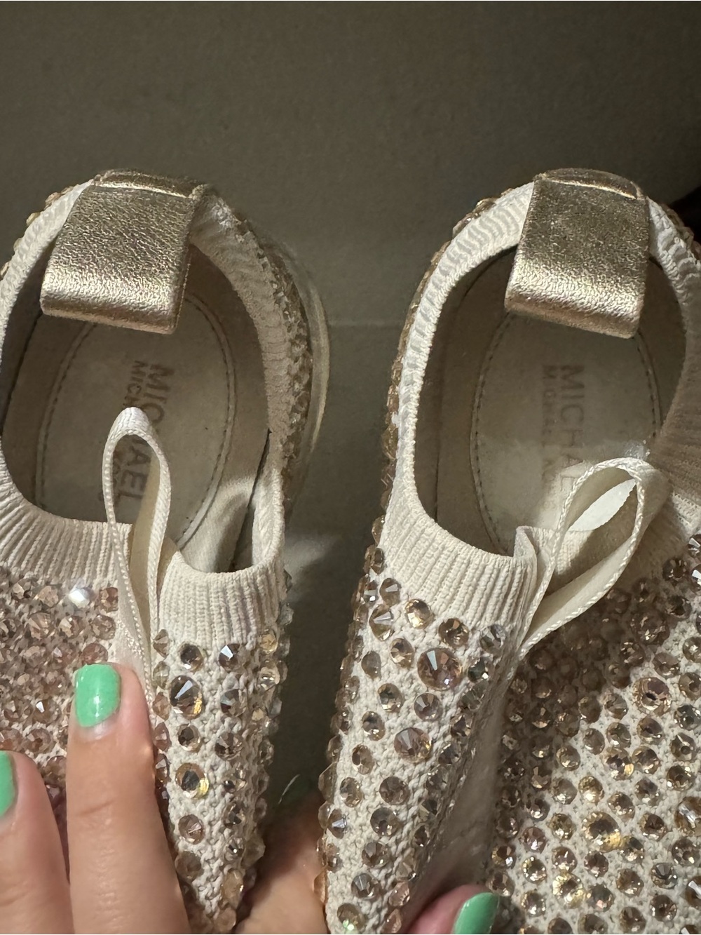 Michael Kors Crystal-Embellished Knit Slip-On Sneakers in Champagne